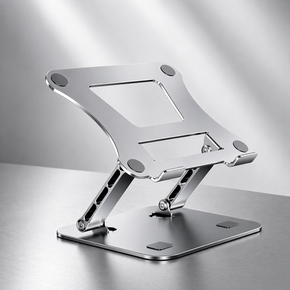 Metallic laptop stand on a reflective surface with a gradient background