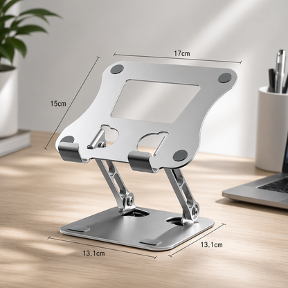 Silver laptop stand with dimensions on a wooden desk