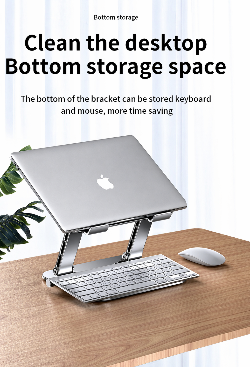 Laptop stand with Apple logo on a desk with keyboard and mouse, text about bottom storage.