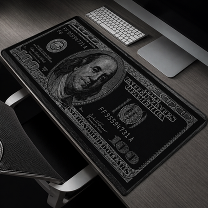 Black and white dollar bill design desk mat on a wooden desk with office items.