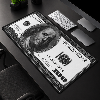 Desk setup with a large dollar bill design mouse pad.