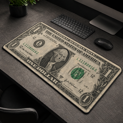 Dollar bill design desk mat on a desk with office items.