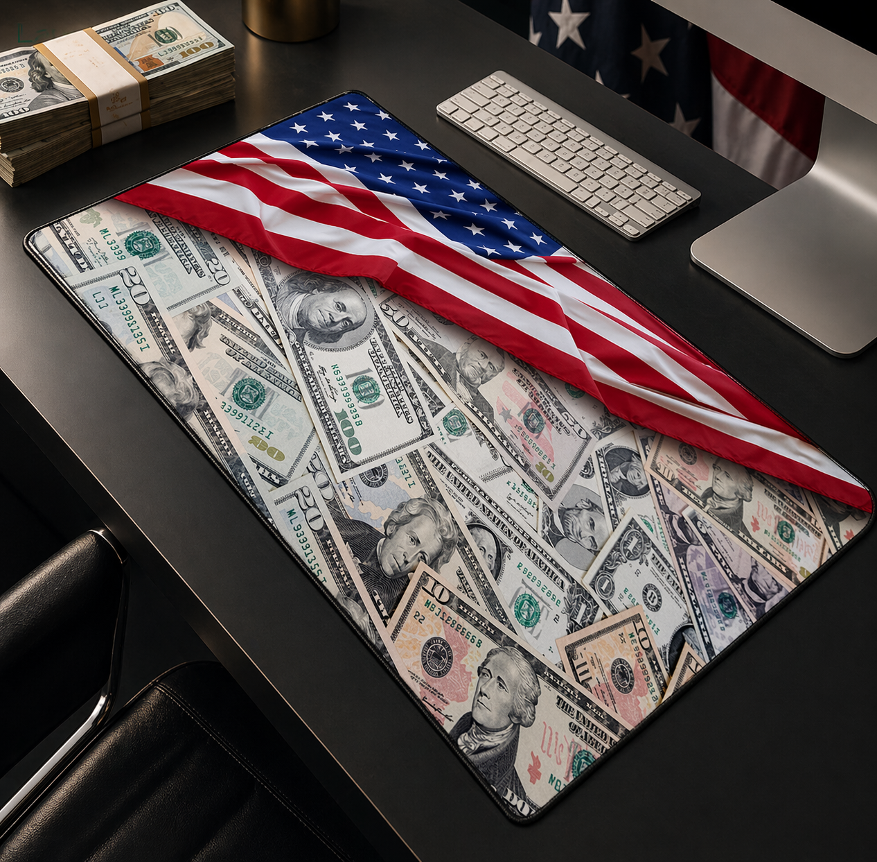 Desk setup with a large mouse pad featuring U.S. dollar bill design and American flag.