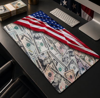 Desk setup with a large mouse pad featuring U.S. dollar bill design and American flag.