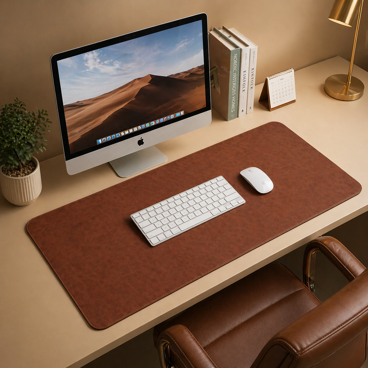 Home office setup with a computer monitor, keyboard, mouse, and desk accessories on a wooden desk.