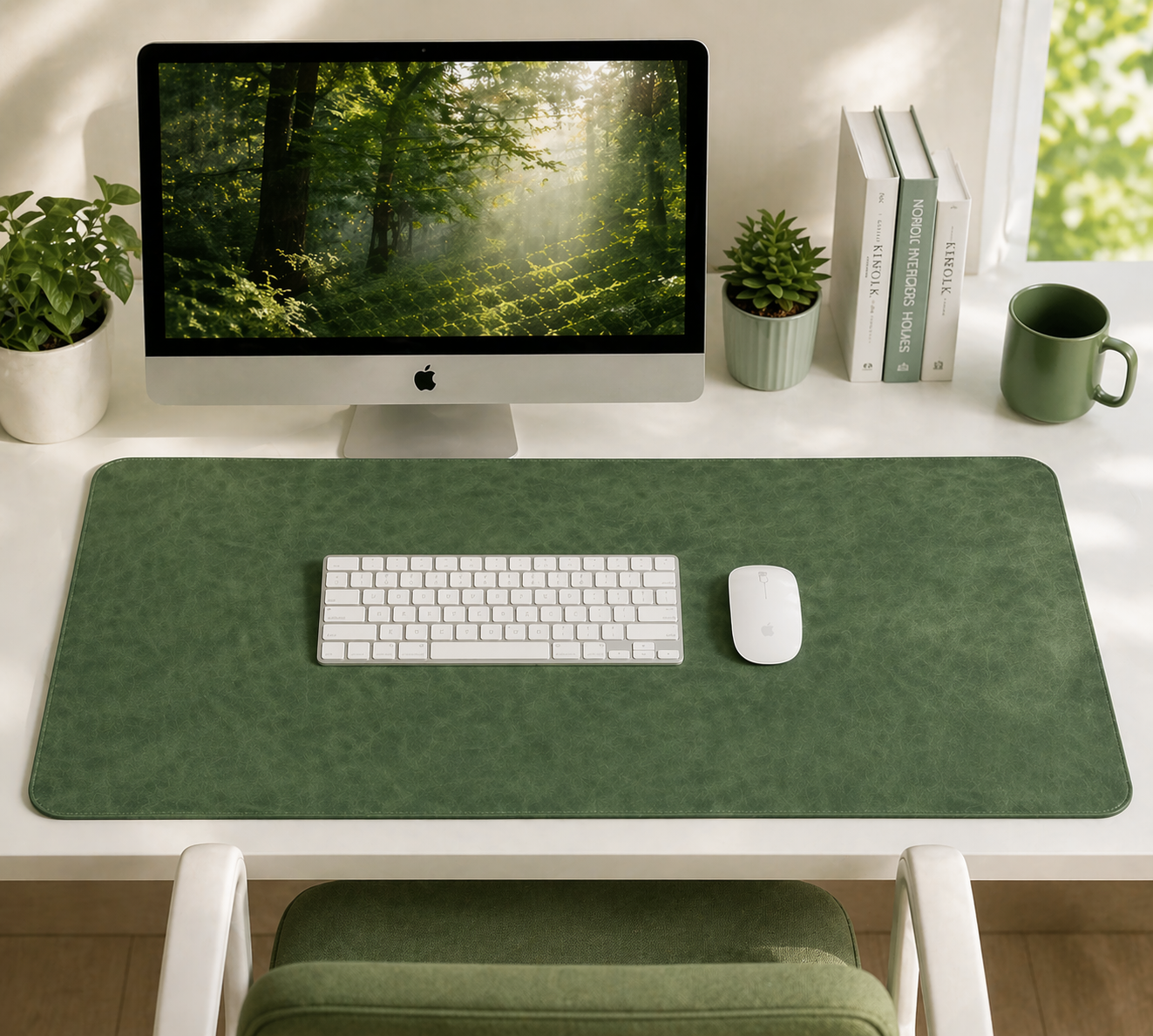 Desk setup with a computer monitor, keyboard, and mouse on a green desk pad.