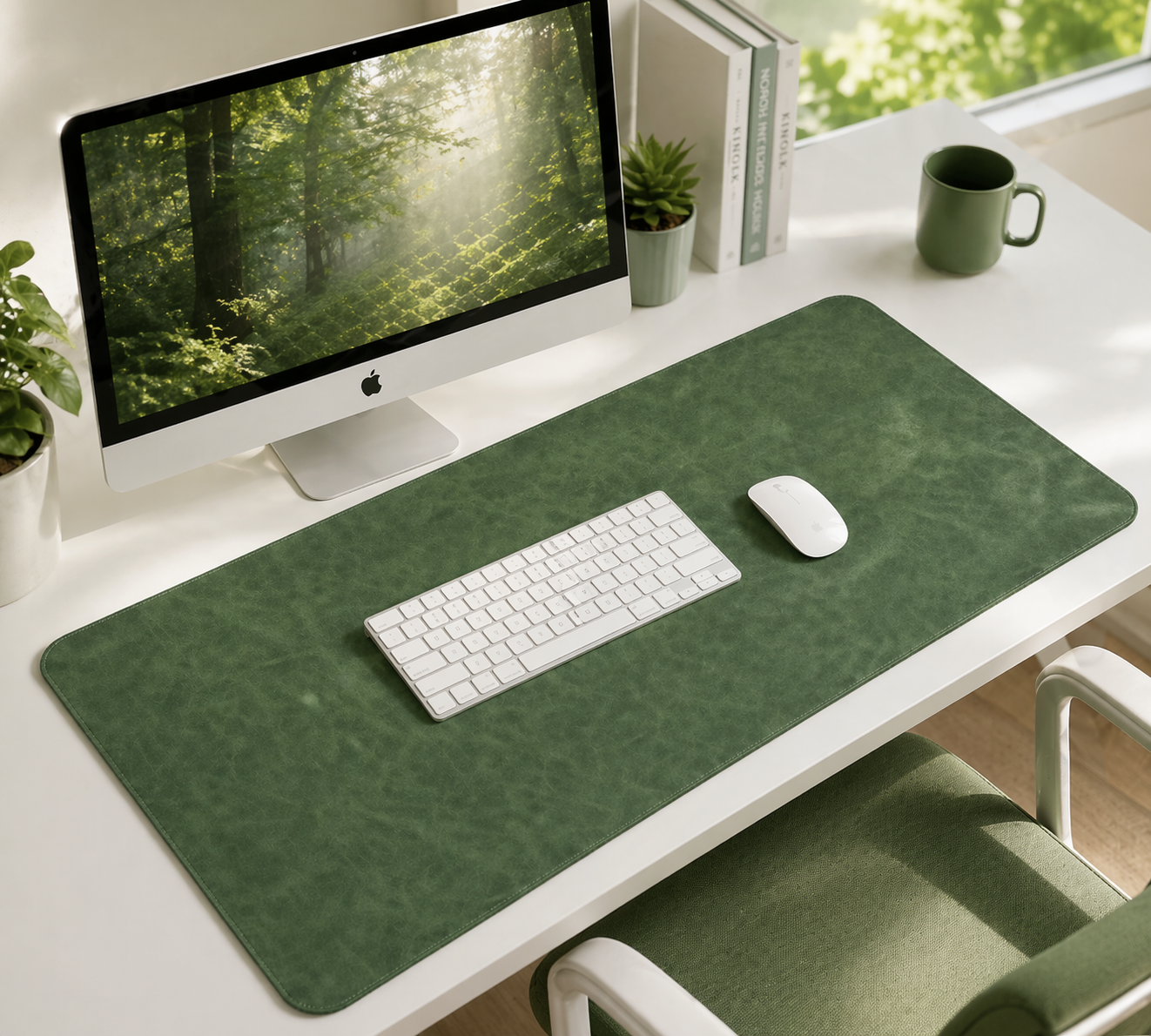Green desk mat on a desk with a computer setup