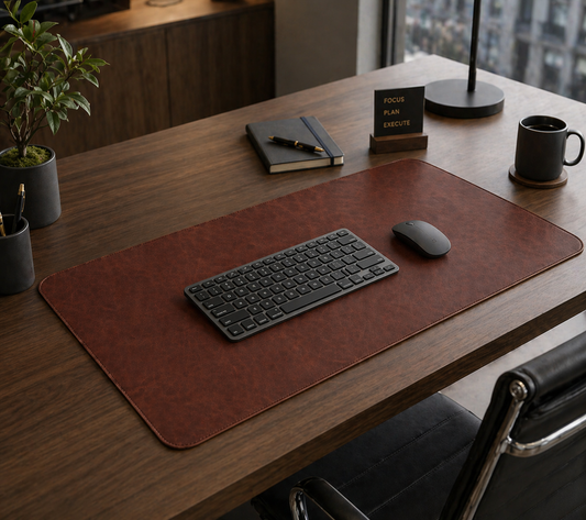 Desk setup with keyboard, mouse, and leather pad on a wooden desk.