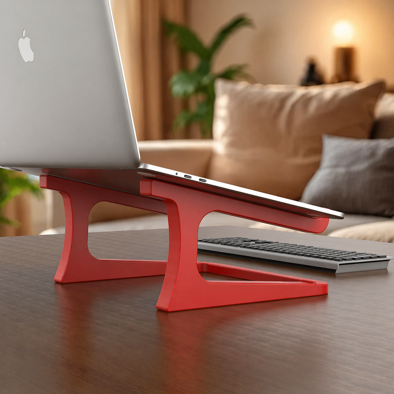 Laptop on a red stand with an Apple logo on a wooden surface, blurred indoor background