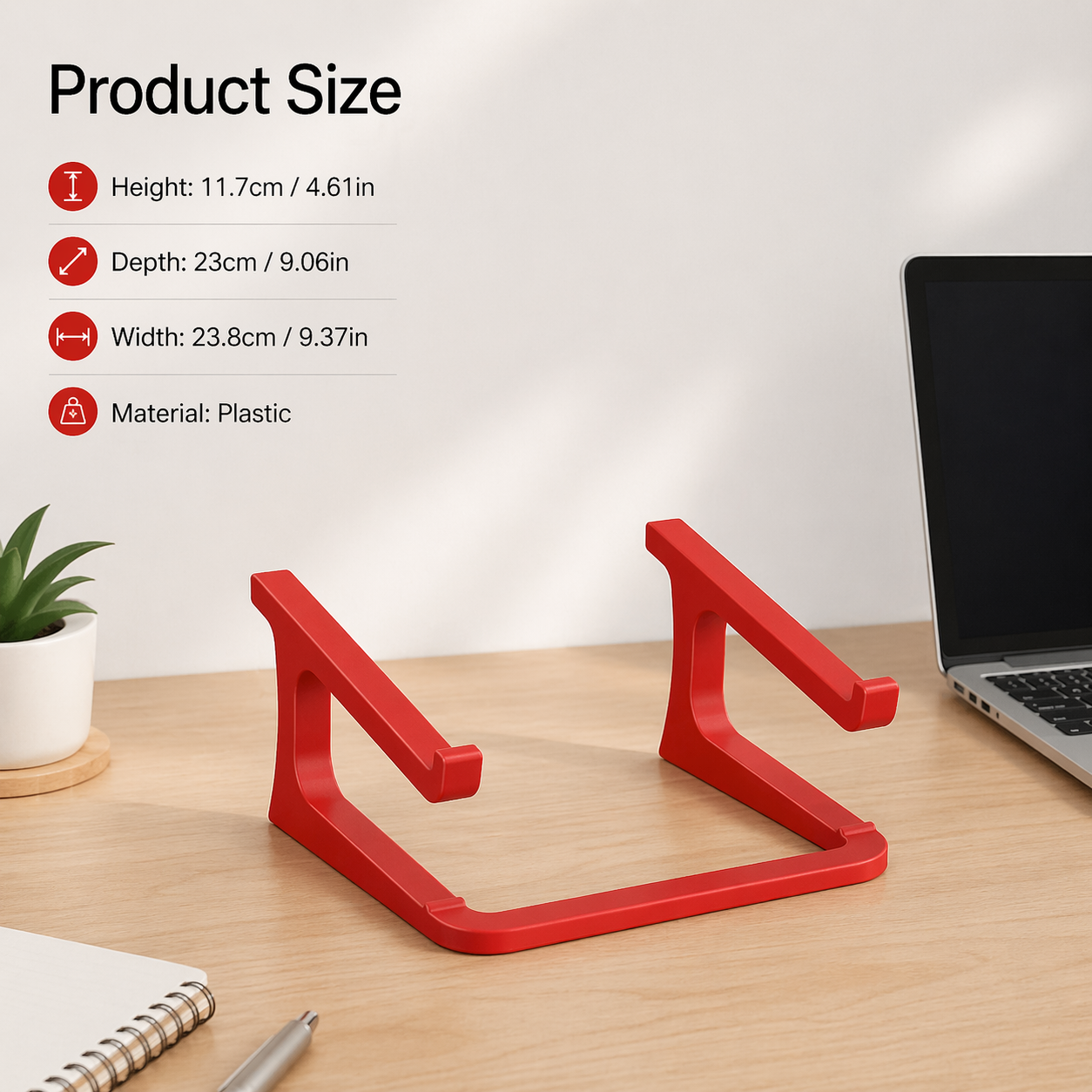 Red laptop stand on a desk with product size information displayed.