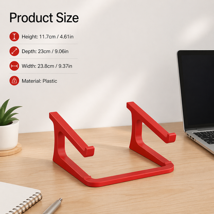 Red laptop stand on a desk with product size information displayed.