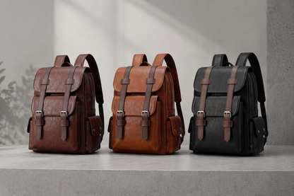 Three leather backpacks in brown and black on a light gray surface with a neutral background.