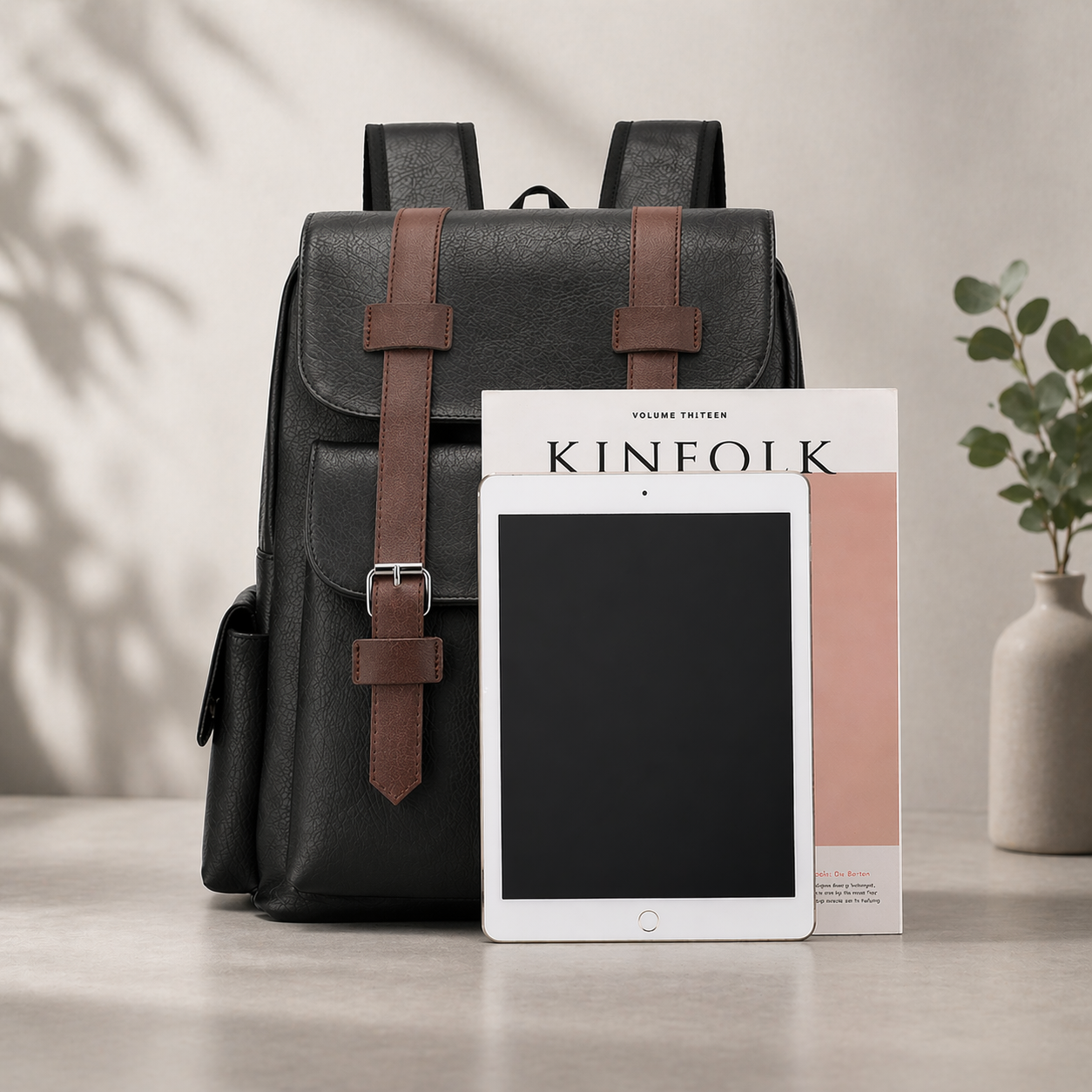 Black backpack with brown straps and a tablet on a neutral background