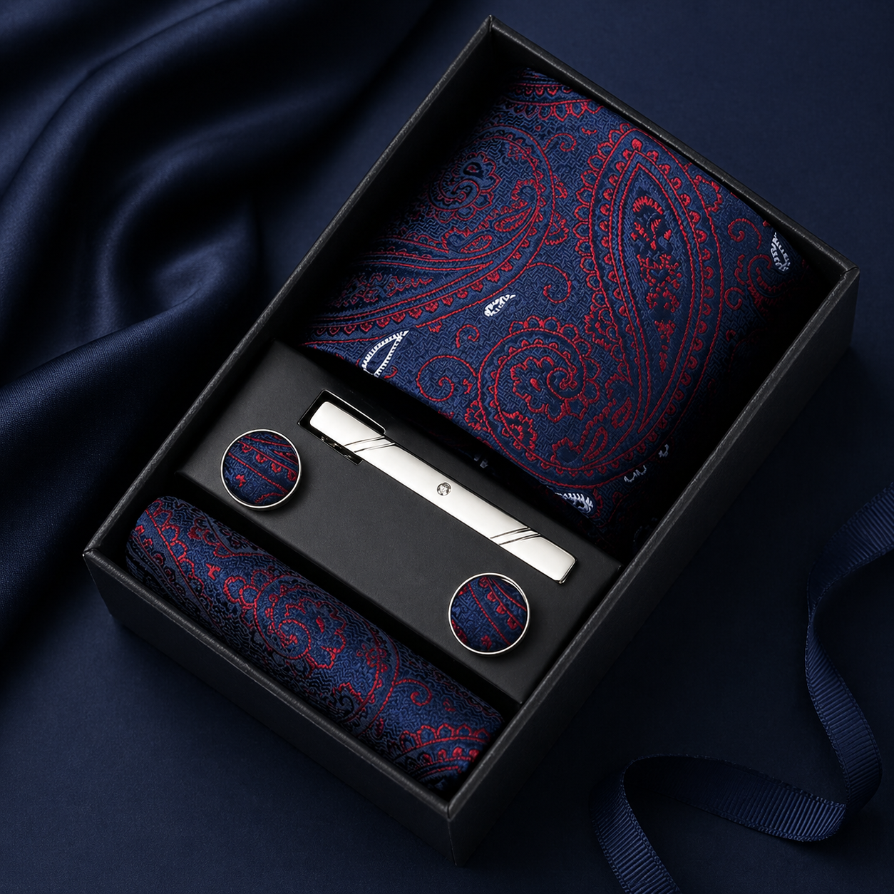 Men's accessory set with paisley patterned tie, pocket square, cufflinks, and tie clip in a black box on a dark blue fabric background.