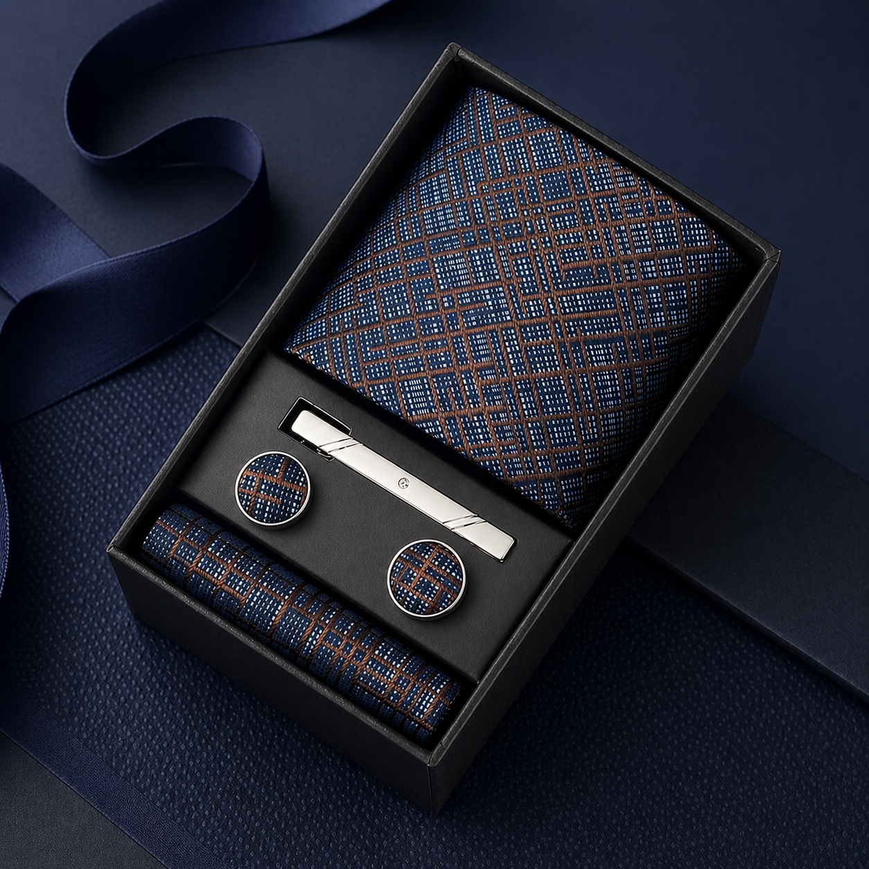 Navy plaid tie set with tie clip and cufflinks in a black box on a dark blue background