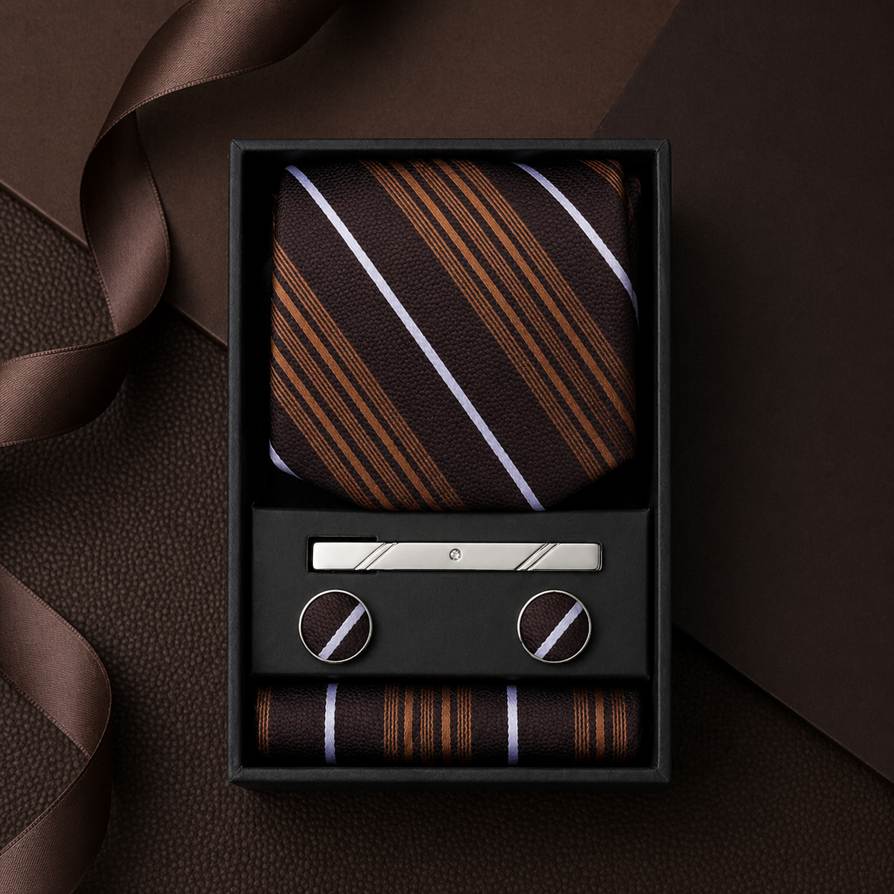 Men's accessory set with striped tie, pocket square, and cufflinks in a black box on a brown background.