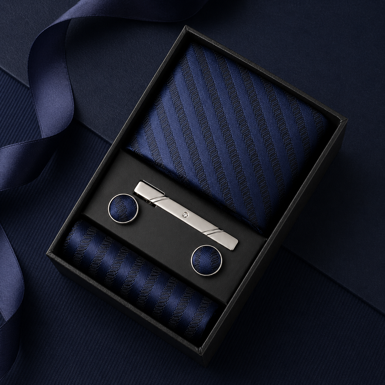 Navy blue tie set with cufflinks and a tie clip in a black box on a dark background