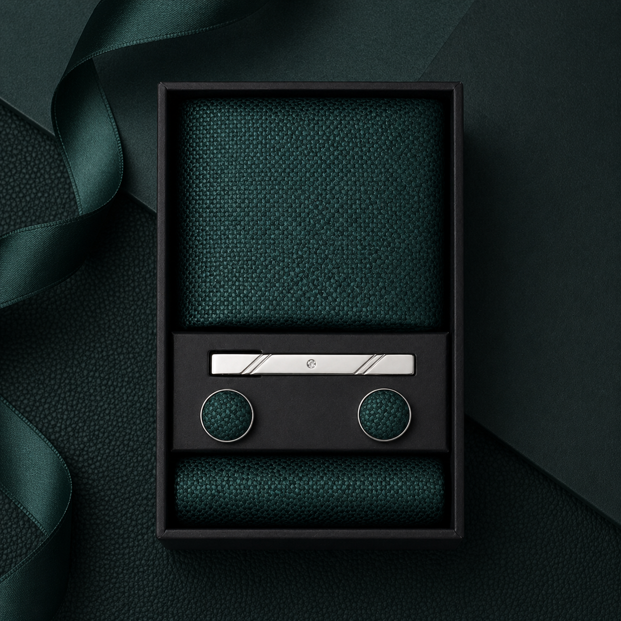 Green textured tie set with a black box on a dark green background