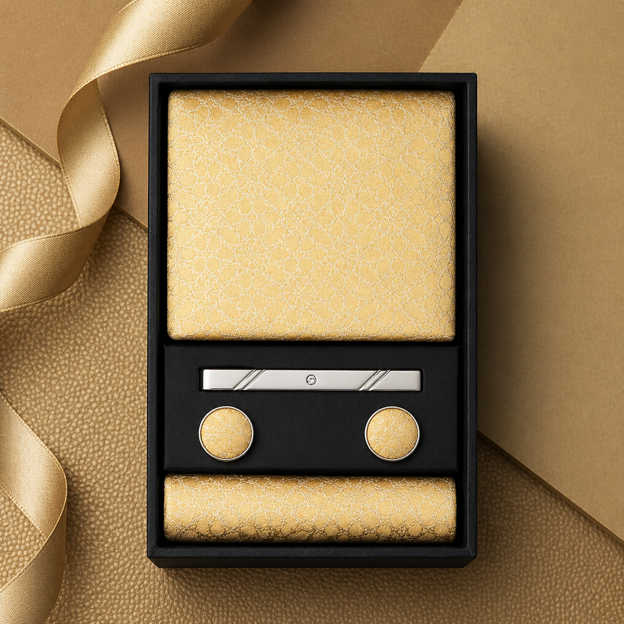 Gold pocket square with cufflinks and a silver tie clip in a black box on a brown background