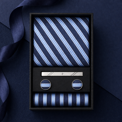 Navy and light blue striped tie set with cufflinks and pocket square in a black box on a dark background.