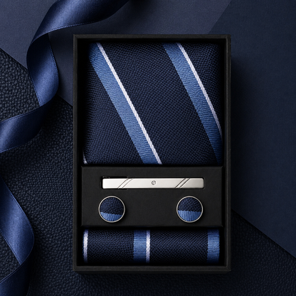 Navy blue tie with white stripes, cufflinks, and pocket square set in a black box on a dark background.