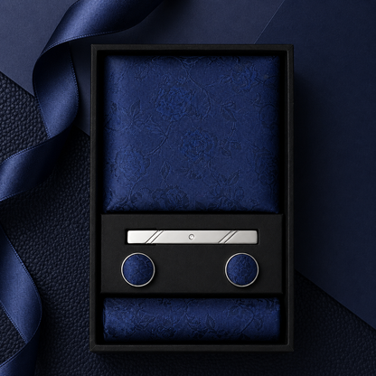 Set of cufflinks and tie clip in a decorative box with a blue ribbon on a dark background