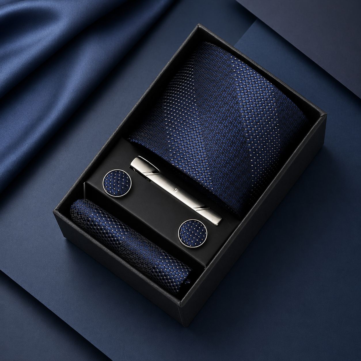 Navy blue tie set with pocket square, tie clip, and cufflinks in a black box on a dark blue fabric background.