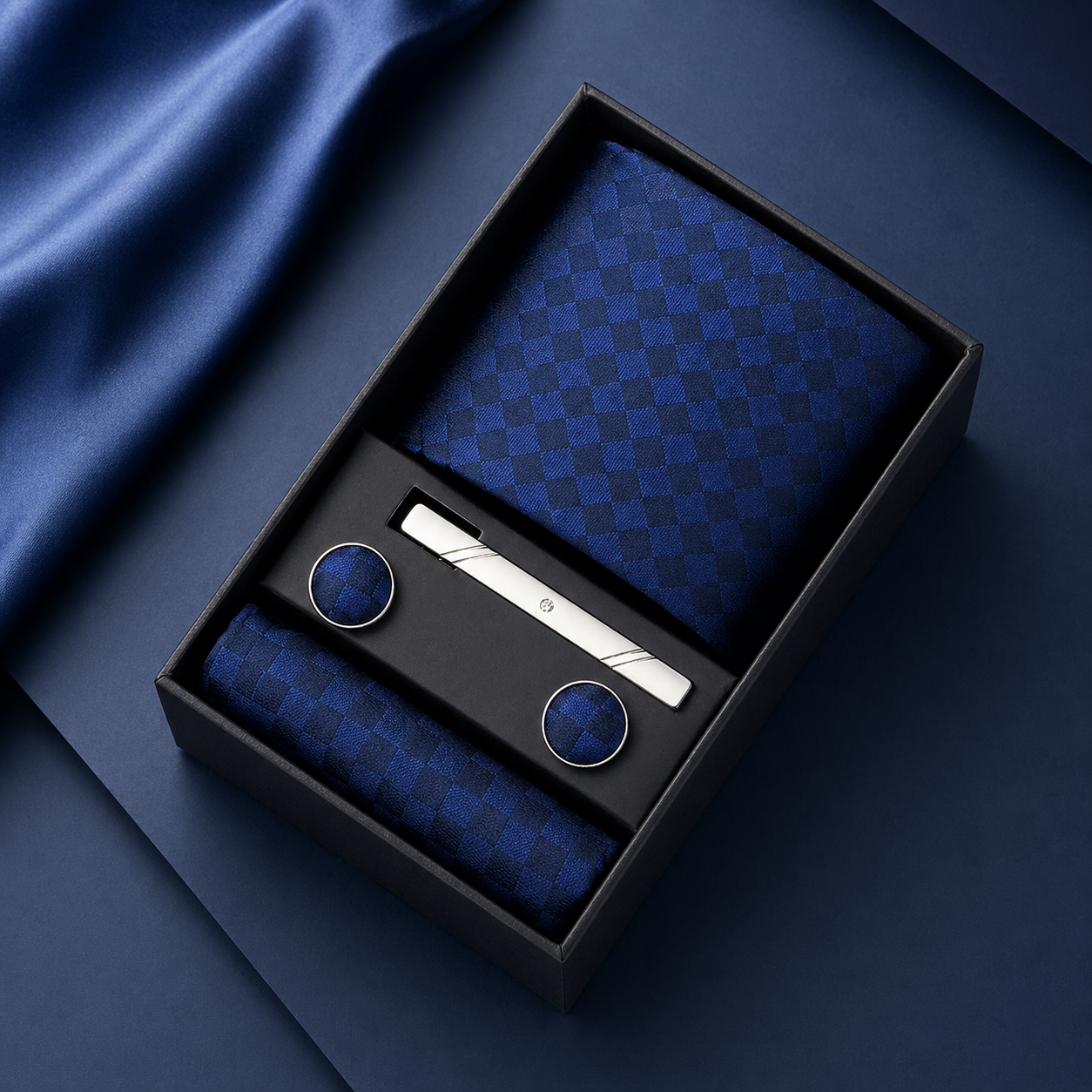 Blue checkered tie set with tie clip and cufflinks in a black box on a blue fabric background