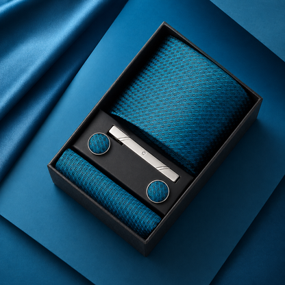 Blue tie set with tie, tie clip, and cufflinks in a black box on a blue background