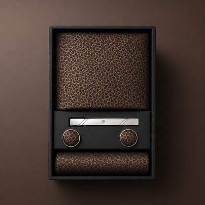 Men's accessory set with tie, cufflinks, and pocket square in a black box on a brown background