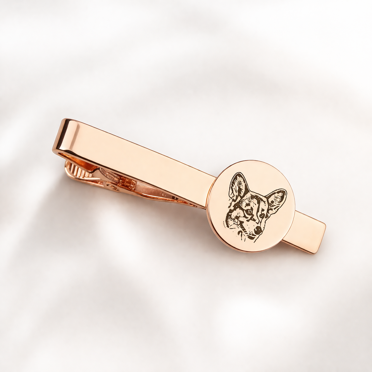 Rose gold tie clip with a dog's face engraving on a light gray background