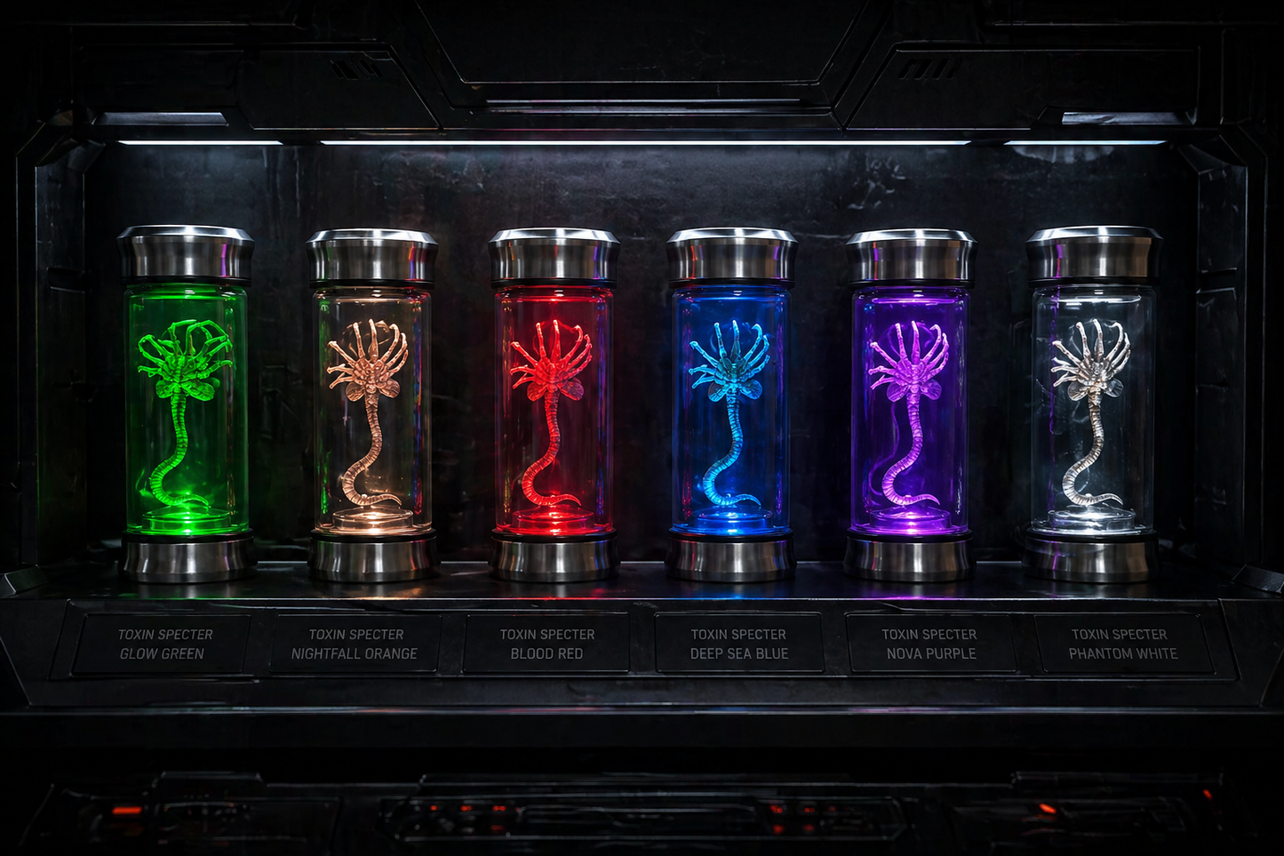 Set of six illuminated glass vials with alien creature designs on a dark background