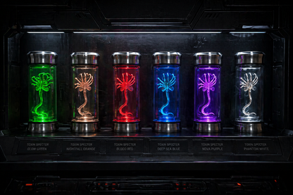 Set of six illuminated glass vials with alien creature designs on a dark background