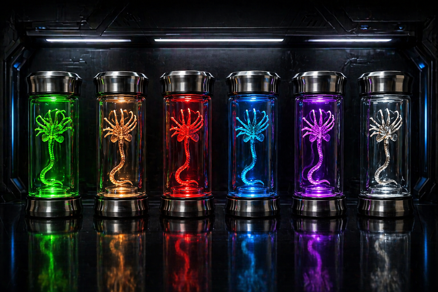 Seven cylindrical containers with glowing, multicolored alien creature figures inside on a dark background.