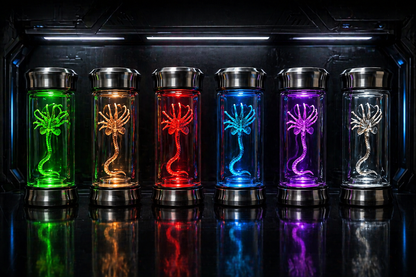 Seven cylindrical containers with glowing, multicolored alien creature figures inside on a dark background.