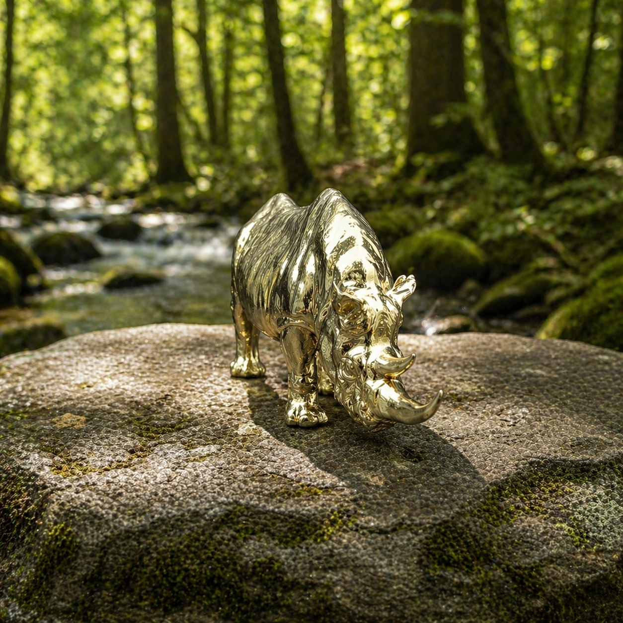 Gold rhinoceros figurine on a rock in a forest setting