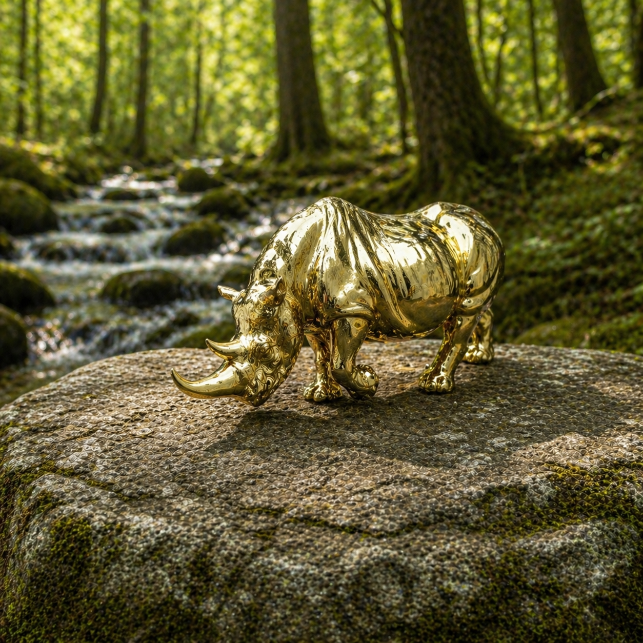 Gold rhinoceros figurine on a rock in a forest setting