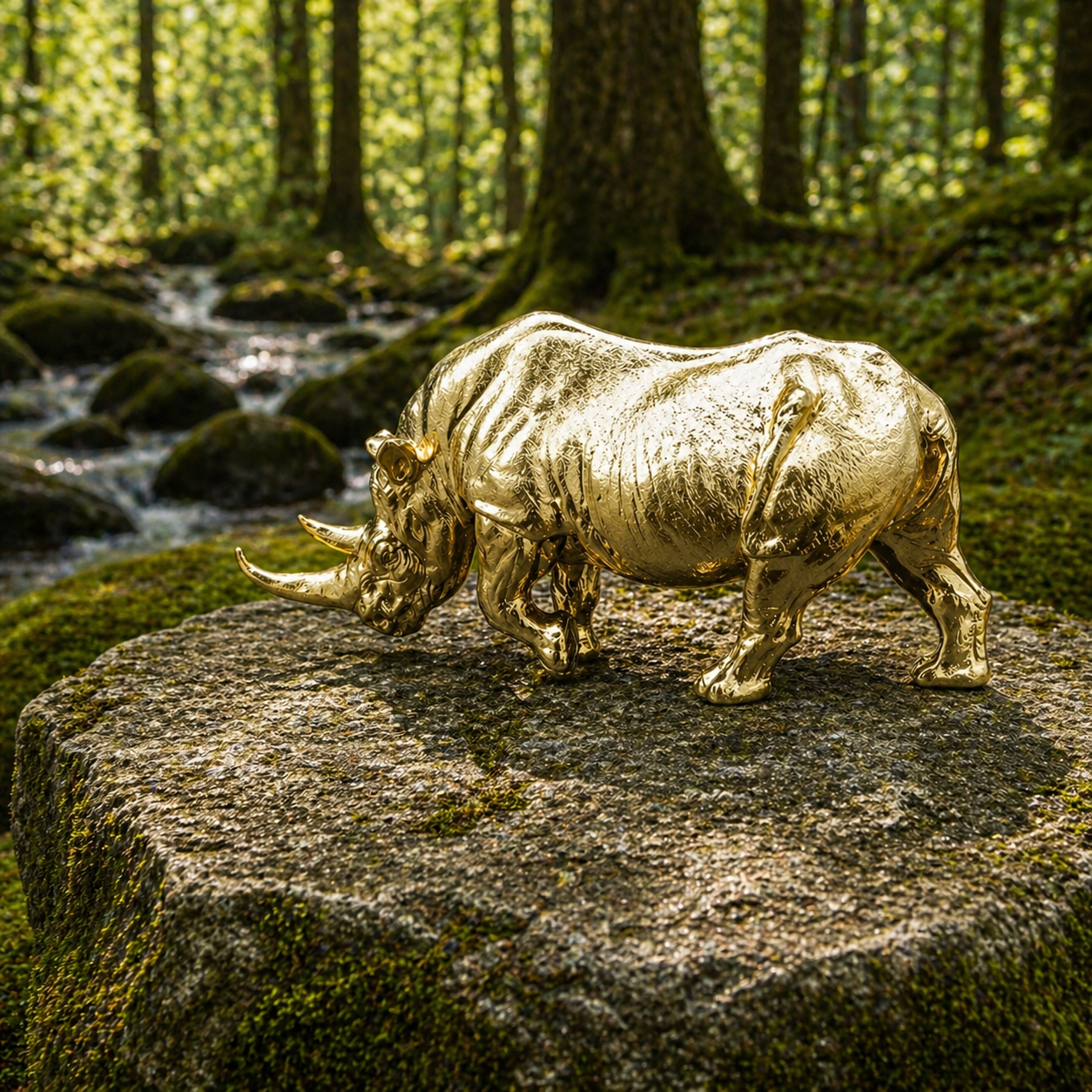 Gold rhinoceros figurine on a stone in a forest setting