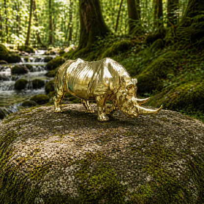 Gold rhinoceros figurine on a rock in a forest setting