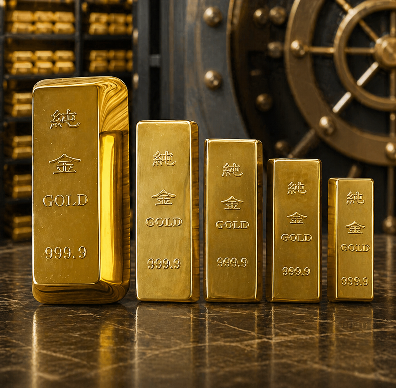 Gold bars with 'GOLD' and '999.9' marking on a reflective surface, with a vault door in the background.
