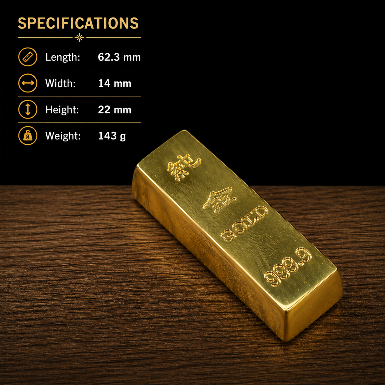 Gold bar on a wooden surface with specifications listed above it
