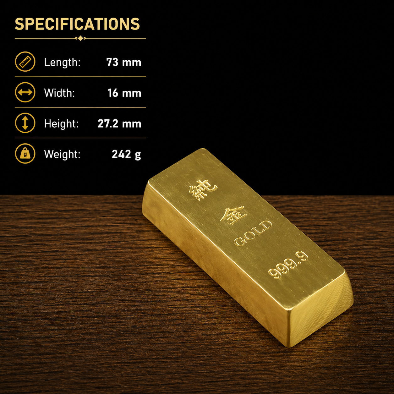 Gold bar with specifications on a wooden surface