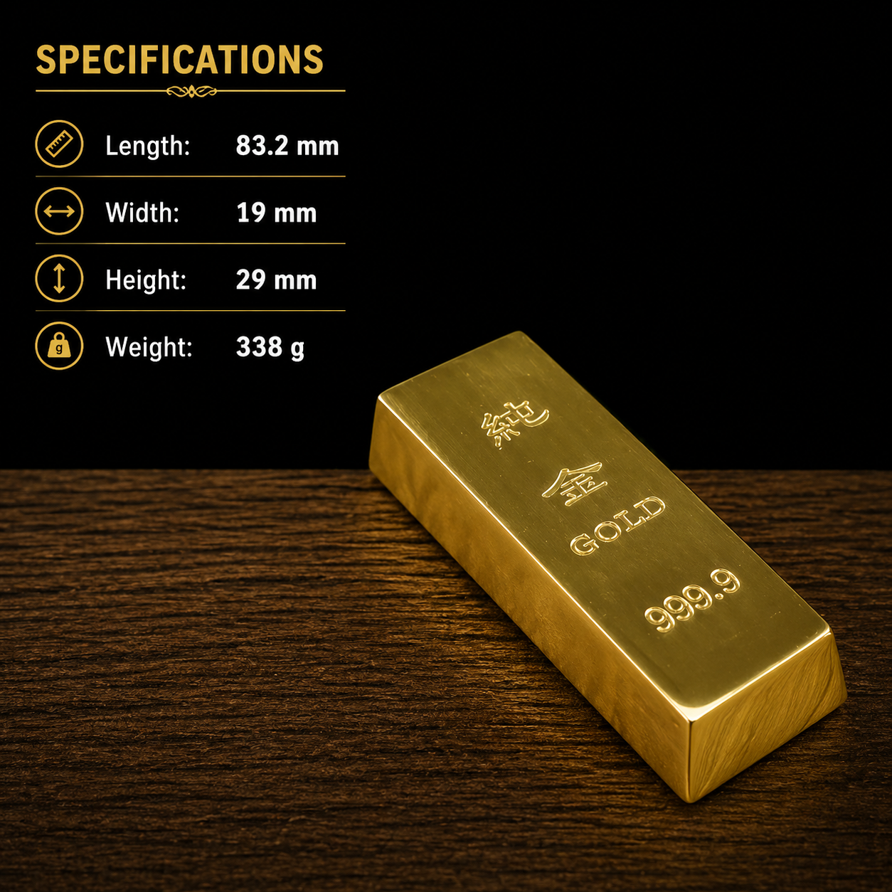 Gold bar with specifications on a wooden surface
