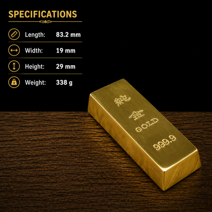 Gold bar with specifications on a wooden surface