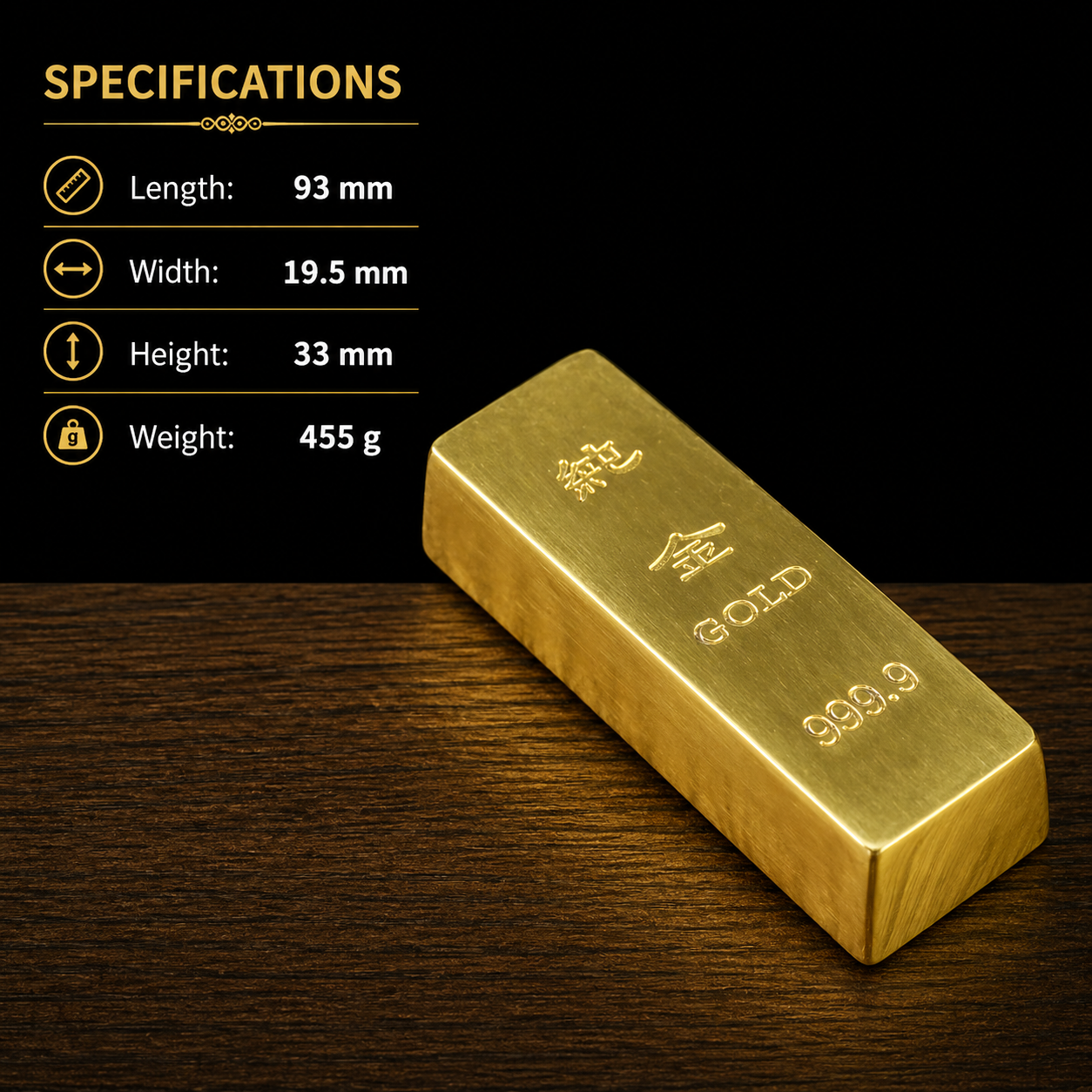 Gold bar with specifications on a dark background