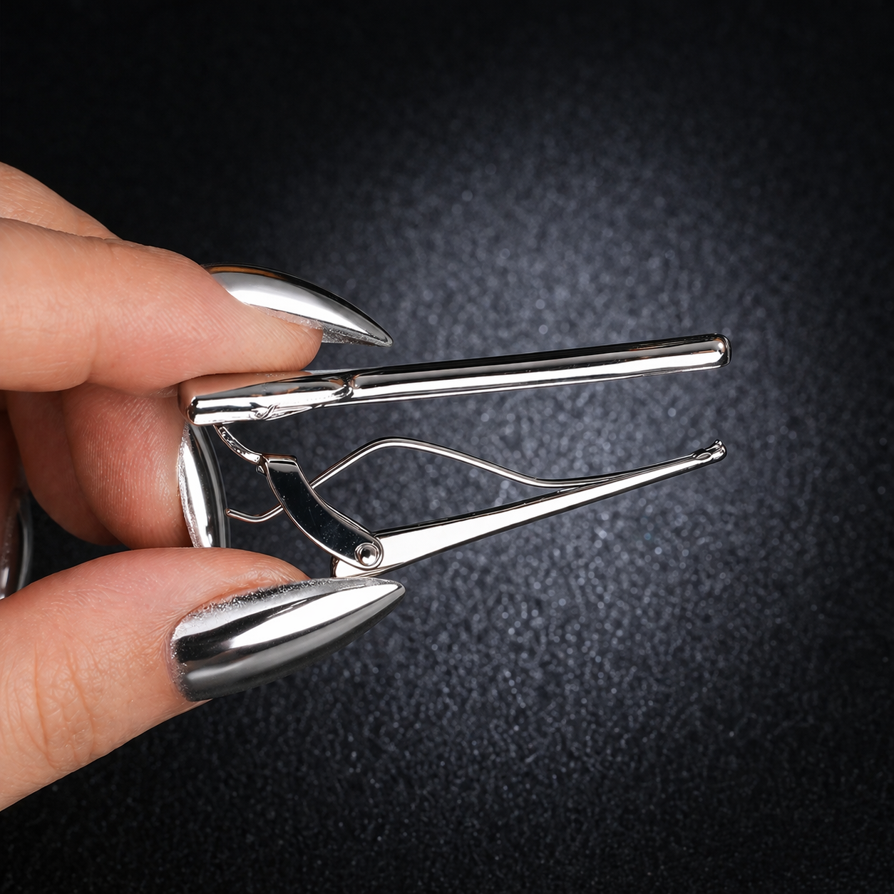 Metallic hair clip held by a hand against a dark textured background