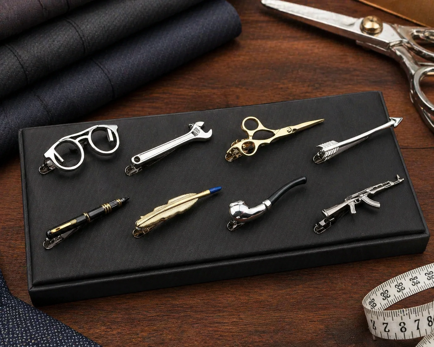 Collection of unique tie pins on a black display box with fabric and scissors in the background.