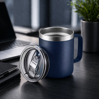 Blue insulated mug with silver lid on a desk with a laptop and plant in the background