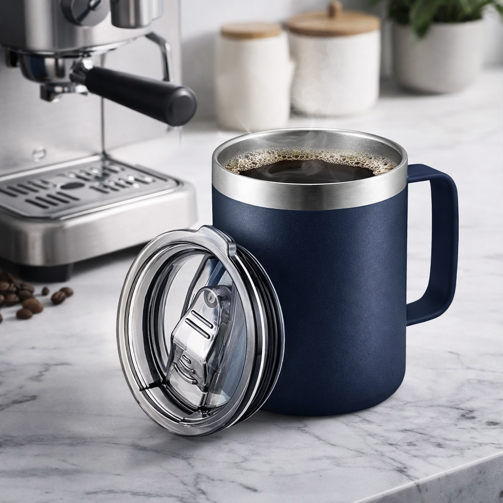 Blue insulated mug with a silver lid on a marble countertop next to an espresso machine.
