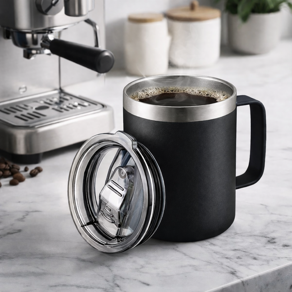 Black insulated mug with a silver lid on a marble countertop next to an espresso machine.